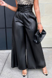 Retalhos sólidos de rua preta com cinto reto cintura alta perna larga calças de cor sólida