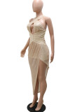 Абрикосовое сексуальное сплошное выдолбленное лоскутное асимметричное платье с блестками и лямкой на шее, одноступенчатое платье-юбка
