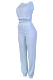 Blauwe mode casual effen vest vesten broek U-hals lange mouw driedelige set