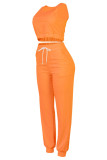 Naranja Moda Casual Sólido Cardigan Chalecos Pantalones U Cuello Manga larga Conjunto de tres piezas