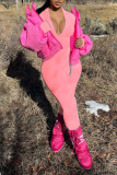Pink Casual Solid Patchwork Zipper Regular Jumpsuits