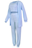 Conjunto de três peças de colete azul moda casual cardigan sólido decote em U manga longa