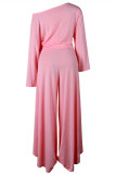 Розовый модный повседневный сплошной разрез с косым воротником и длинным рукавом из двух частей
