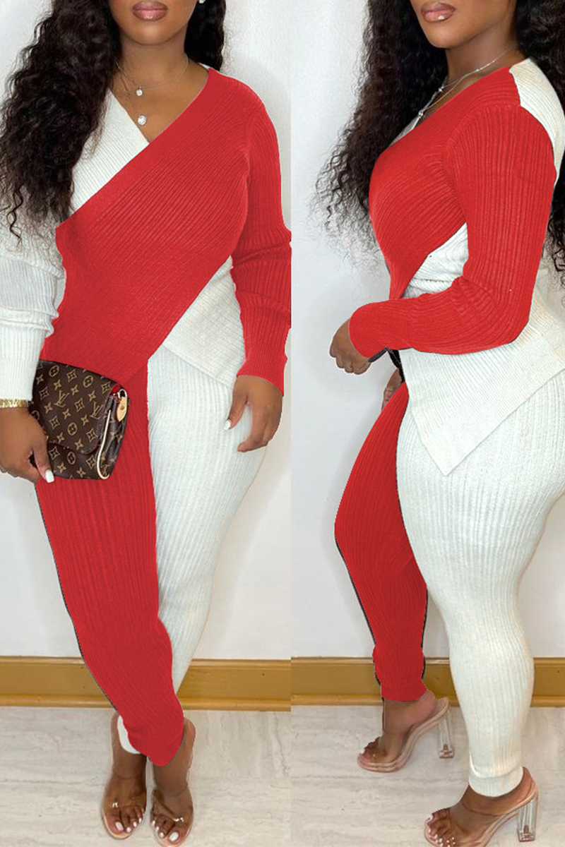 

White Sexy Solid Split Joint V Neck Long Sleeve Two Pieces