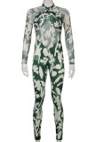 Groene sexy print patchwork O-hals reguliere jumpsuits