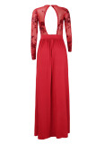 Rode sexy patchwork pailletten doorschijnende split O-hals jurken met lange mouwen