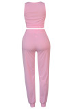 Розовый модный повседневный однотонный кардиган, жилеты, брюки, U-образный вырез, длинный рукав, комплект из трех предметов