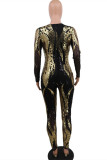 ゴールドファッションカジュアルパッチワークスパンコールOネックプラスサイズジャンプスーツ