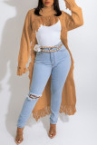 White Casual Solid Tassel Patchwork Asymmetrical Half A Turtleneck Tops