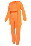 Oranje mode casual effen vest vesten broek U-hals lange mouw driedelige set