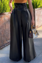 Pantalones de patchwork liso con cinturón rectos de cintura alta y pierna ancha de color liso negro