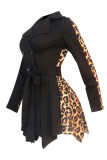 Black Fashion Casual Print Patchwork Turndown Collar Long Sleeve Dresses