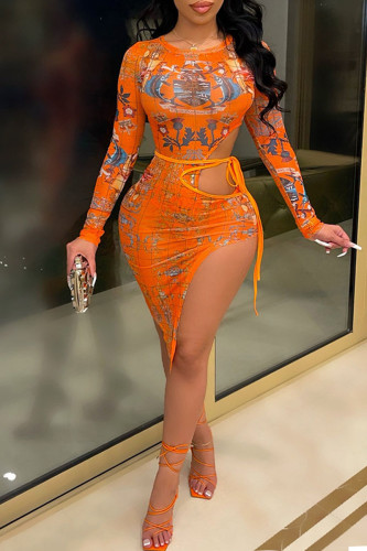 Orange Sexy Print Hollowed Out Patchwork Frenulum See-through Asymmetrical O Neck Long Sleeve Two Pieces