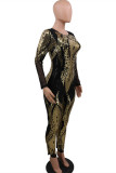 Gold Fashion Casual Patchwork Sequins O Neck Plus Size Jumpsuits