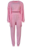 Pink Fashion Casual Solid Cardigan Westen Hosen U-Ausschnitt Langarm Dreiteiliges Set