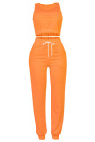 Naranja Moda Casual Sólido Cardigan Chalecos Pantalones U Cuello Manga larga Conjunto de tres piezas