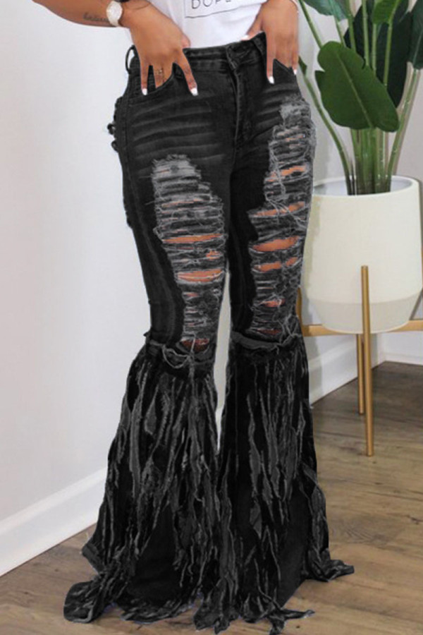 Calça jeans com estampa de rua preta rasgada e patchwork de cintura alta com corte de bota