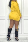 イエロー カジュアル ソリッド パッチワーク バックル フォールド ターンダウン カラー ワンステップ スカート ドレス