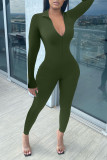Army Green Casual Solid Patchwork Zipper Regular Jumpsuits
