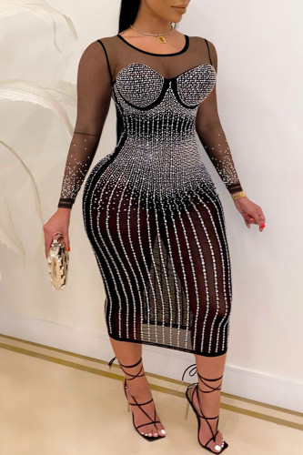 Schwarz Silber Mode Sexy Patchwork Hot Drilling Durchsichtige O-Ausschnitt Langarm Kleider in Übergröße