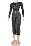 Черное, серебряное, модное сексуальное лоскутное горячее сверление, прозрачное платье с круглым вырезом и длинным рукавом, платья больших размеров