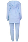 Blauwe mode casual effen vest vesten broek U-hals lange mouw driedelige set
