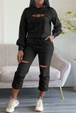 Black Fashion Casual Solid Ripped Hooded Collar Long Sleeve Two Pieces