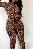 Pantaloni cardigan con stampa leopardata moda casual con colletto rovesciato manica lunga in due pezzi