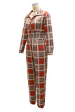 Red Casual Plaid Print Patchwork Zipper Turndown Collar Straight Jumpsuits