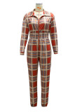 Red Casual Plaid Print Patchwork Zipper Turndown Collar Straight Jumpsuits