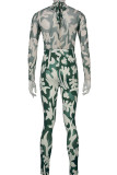 Groene sexy print patchwork O-hals reguliere jumpsuits