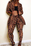 Calças de cardigan com estampa de leopardo moda casual estampada gola manga longa duas peças