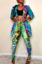 Multicolor Fashion Casual Print Cardigan Pantalon Turndown Collar Long Sleeve Two Pieces