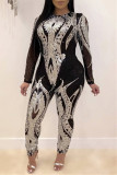 Guld Mode Casual Patchwork Paljetter O Neck Plus Size Jumpsuits