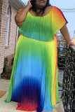 カラーファッションカジュアルプラスサイズプリントフラウンスフォールドOネック半袖プリーツドレス