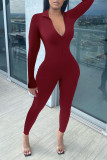 Burgundy Casual Solid Patchwork Zipper Regular Jumpsuits