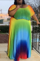 Vestidos plissados ​​de manga curta com estampa colorida e tamanho grande com babados dobráveis