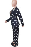 Black Casual Print Polka Dot Patchwork Buttons Turn-back Collar Long Sleeve Two Pieces