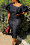 Black Elegant Solid Patchwork Flounce Oblique Collar Pencil Skirt Dresses