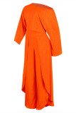 A maniche lunghe con colletto obliquo con spacco solido casual arancione alla moda in due pezzi