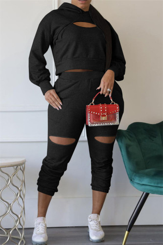 Black Fashion Casual Solid Ripped Hooded Collar Long Sleeve Two Pieces
