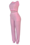 Roze mode casual effen vest vesten broek U-hals lange mouw driedelige set