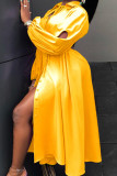 Желтые повседневные однотонные лоскутные платья-рубашки с уздечкой и пряжкой и отложным воротником