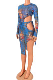Blue Sexy Print Hollowed Out Patchwork Frenulum See-through Asymmetrical O Neck Long Sleeve Two Pieces