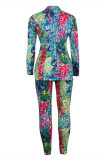 Pantalones de cárdigan con estampado informal de moda multicolor cuello vuelto manga larga dos piezas