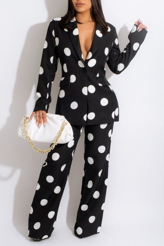 Black Casual Print Polka Dot Patchwork Buttons Turn-back Collar Long Sleeve Two Pieces