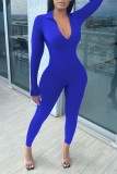 Colorful Blue Casual Solid Patchwork Zipper Regular Jumpsuits