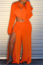 オレンジファッションカジュアルソリッドスリット斜め襟長袖ツーピース