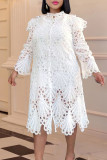White Sexy Solid Hollowed Out Patchwork Buckle Flounce O Neck A Line Dresses