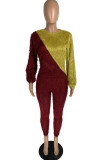 Burgundy Fashion Casual Solid Patchwork O Neck Long Sleeve Two Pieces